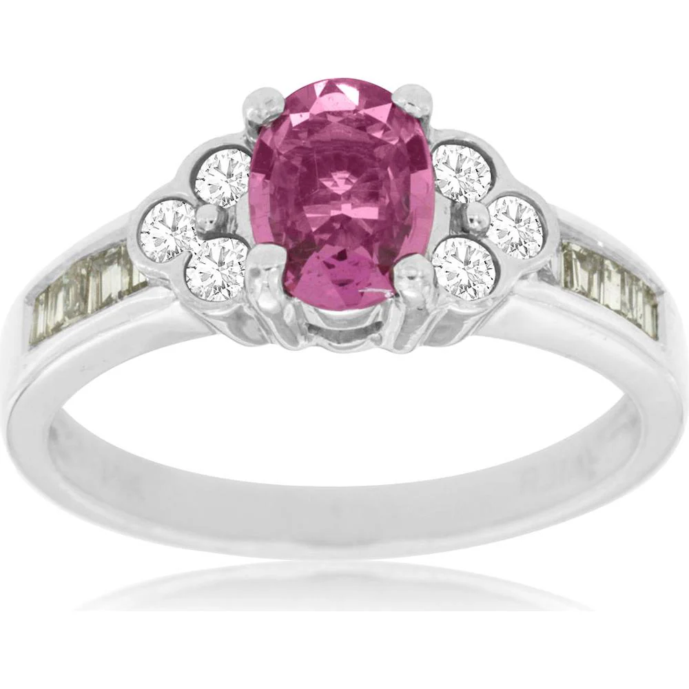 14K White Gold Pink Sapphire & Diamond Three Stone Ring - 1.30 Carats Total Gem Weight - Royal Jewelry