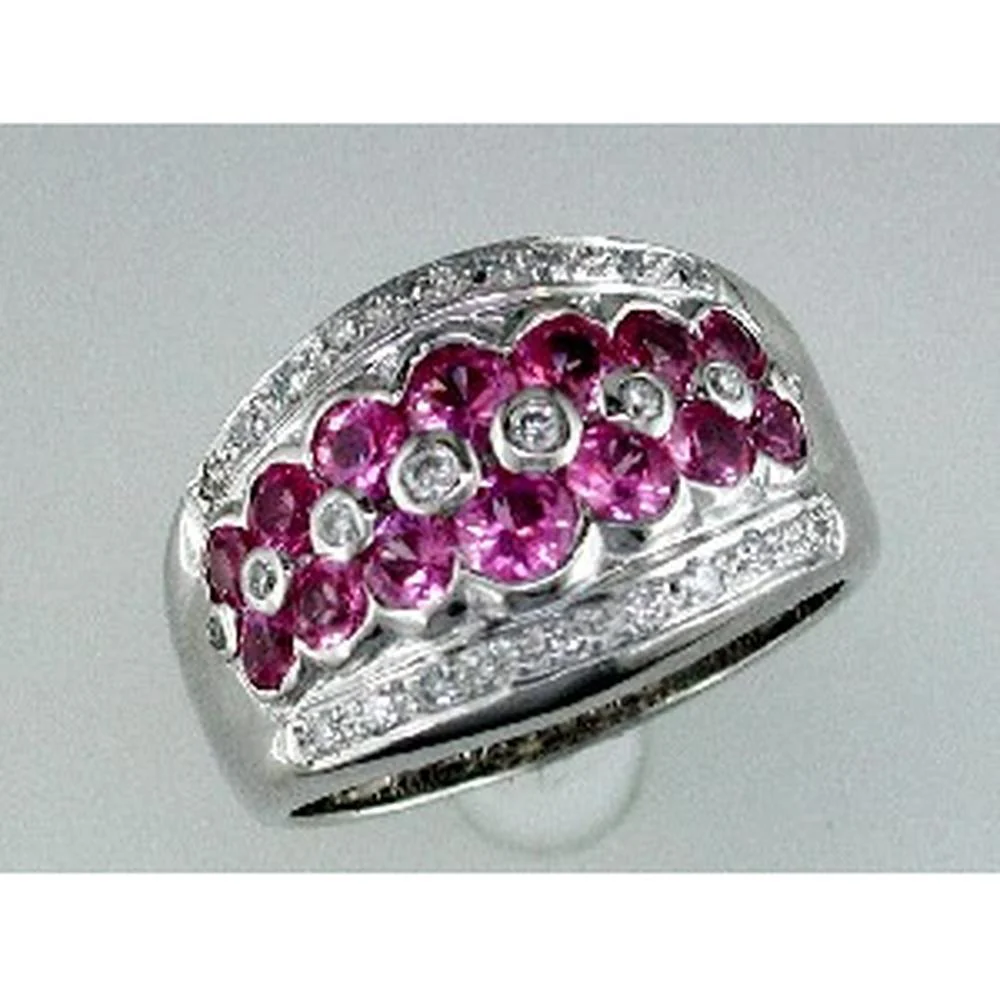 14K White Gold Pink Sapphire & Round Diamond Floral Ring - 2.00 Carats Total Gem Weight - Royal Jewelry