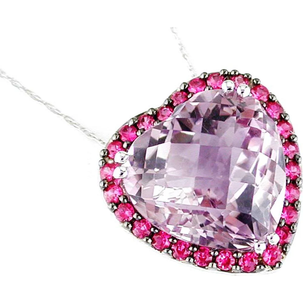 14K White Gold Pink Sapphire Heart Pendant with Round Diamonds - 12.30 Carats Total Pink Sapphire Weight - Royal Jewelry