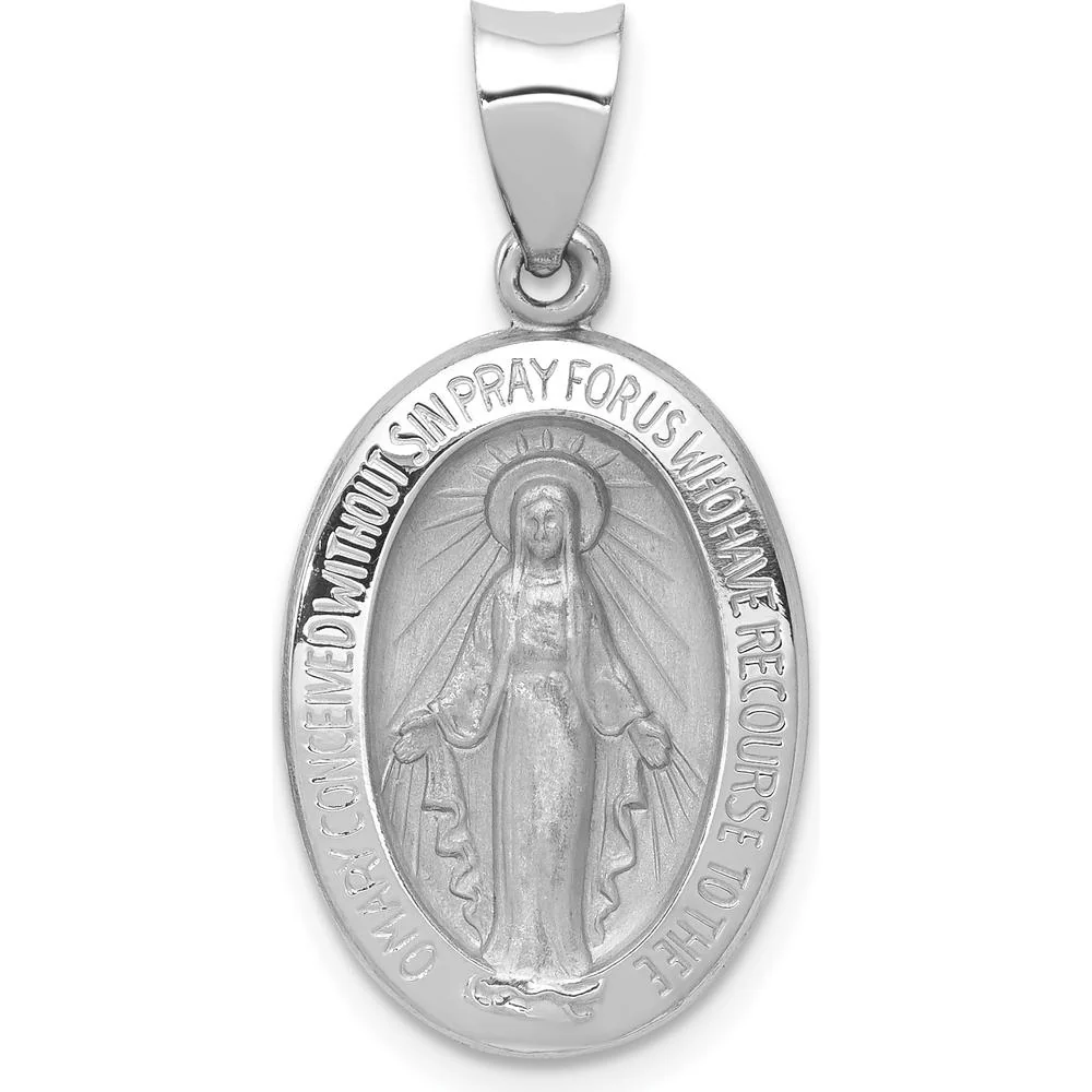 14K White Gold Polished and Satin Hollow Miraculous Medal Oval Pendant - Faith Inspired Design by Oro Pregiato