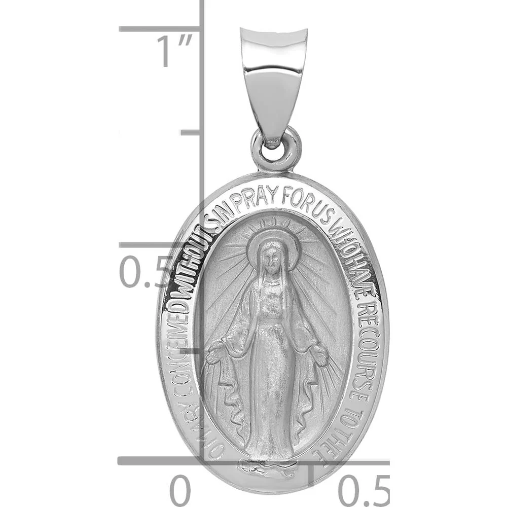 14K White Gold Polished and Satin Hollow Miraculous Medal Oval Pendant - Faith Inspired Design by Oro Pregiato - Image 4