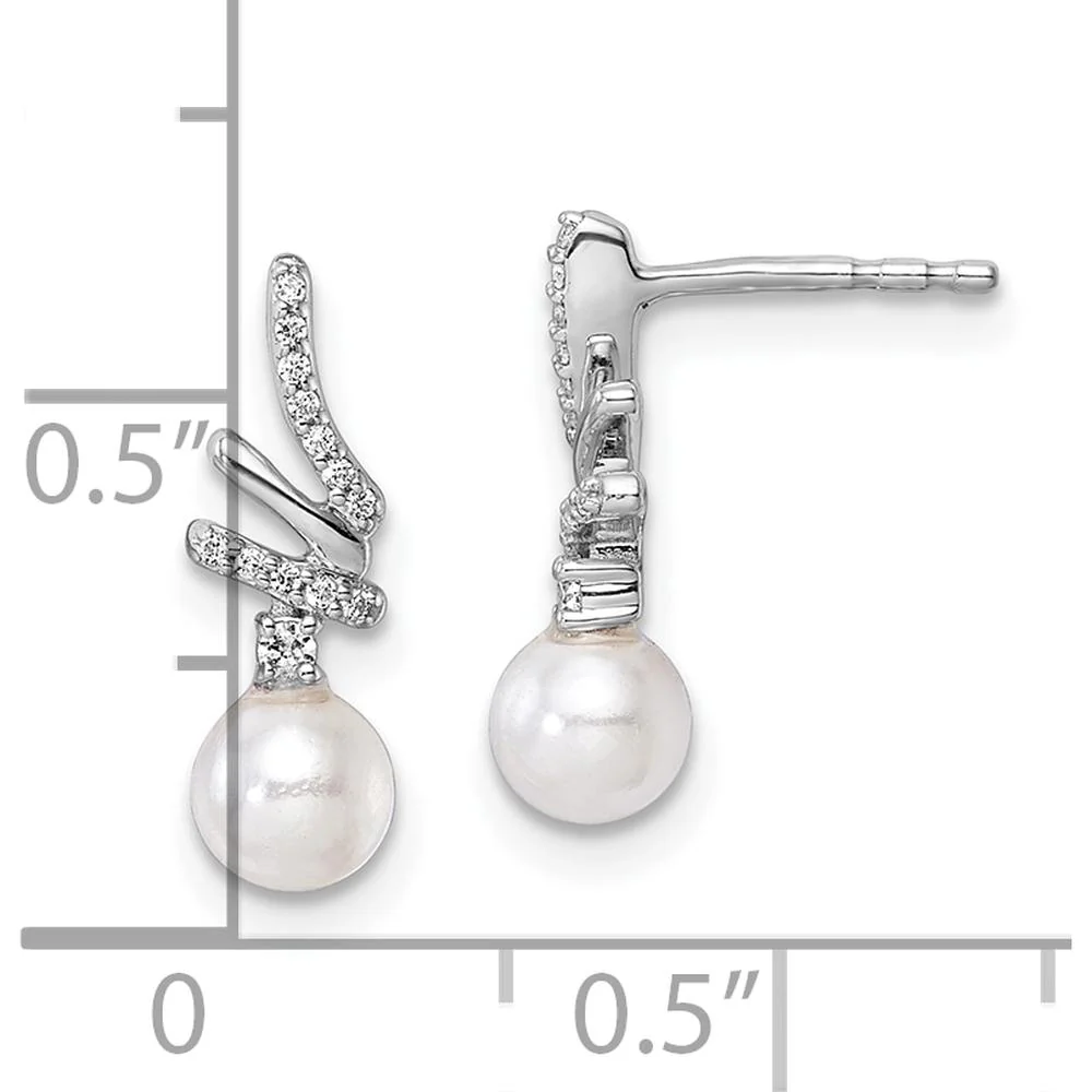 14K White Gold Polished Diamond and Freshwater Cultured Pearl Drop Earrings - 1/10 Carats Total Diamond Weight by Monteluci Fine Jewelry - Image 3