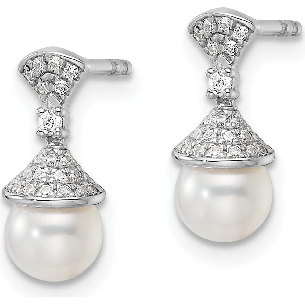 14K White Gold Polished Diamond and Freshwater Cultured Pearl Drop Earrings - 1/8 Carat Total Diamond Weight by Monteluci Fine Jewelry - Image 2