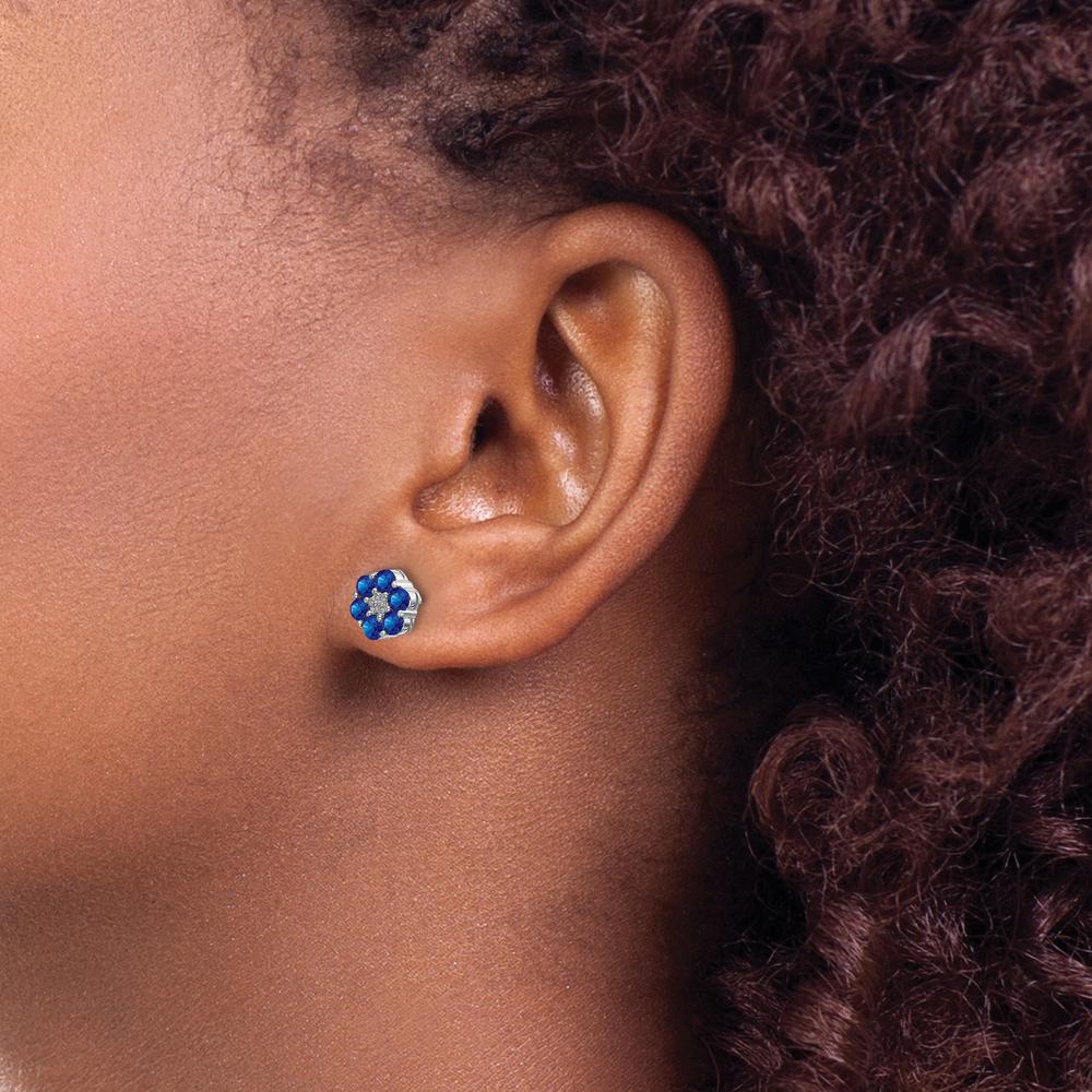 14K White Gold Polished Sapphire and Diamond Post Earrings - 0.0729 Carat Total Sapphire Weight, 0.005 Carat Total Diamond Weight by Monteluci Fine Jewelry - Image 3