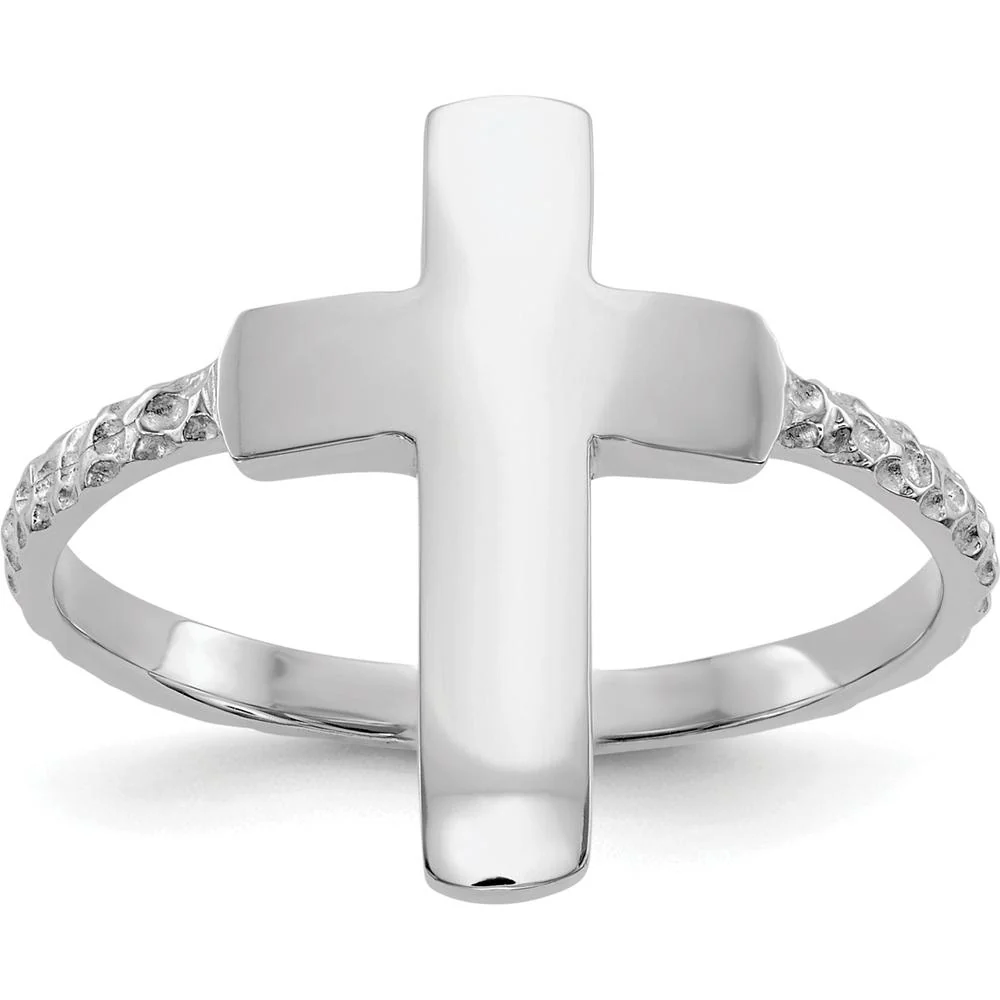 14K White Gold Polished Textured Cross Ring with Rhodium Plating by Oro Pregiato