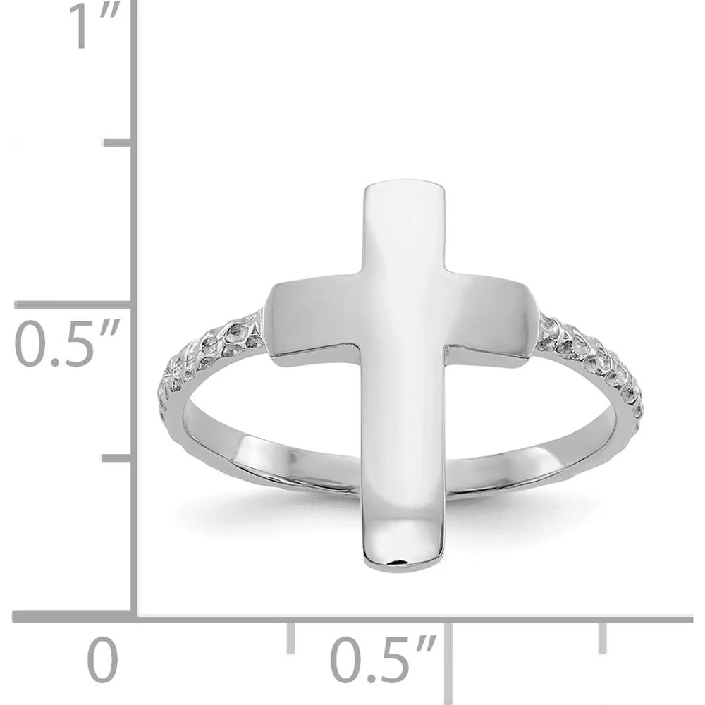 14K White Gold Polished Textured Cross Ring with Rhodium Plating by Oro Pregiato - Image 3