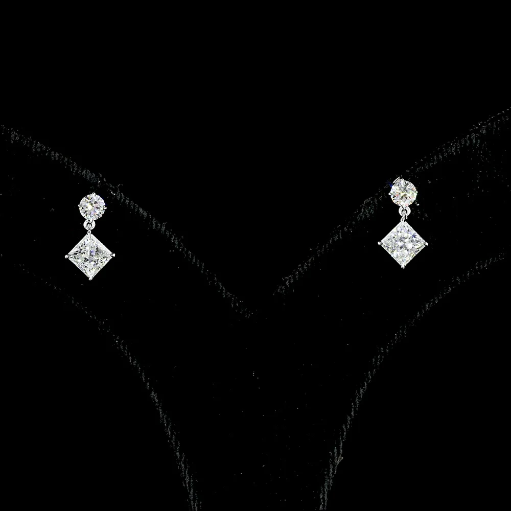 14K White Gold Princess and Brilliant Cut Lab Diamond Drop Earrings - 1.40 Carat Total Weight, E-F Color VS Clarity - Covaloro Fine Jewelry - Image 2
