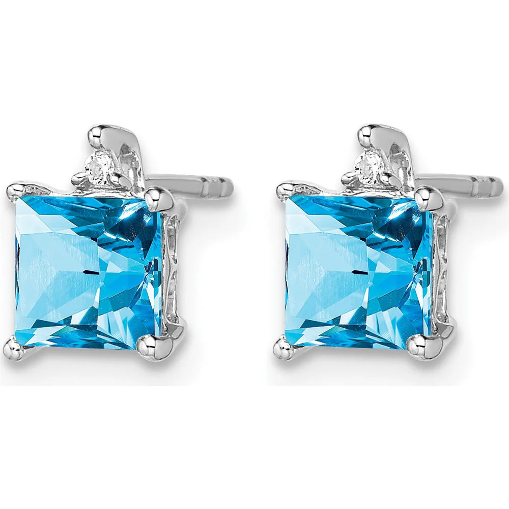 14K White Gold Princess Blue Topaz and Diamond Stud Earrings - 0.75 Carat Blue Topaz, 0.007 Carat Diamonds by Monteluci Fine Jewelry - Image 2