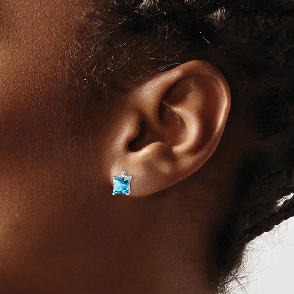 14K White Gold Princess Blue Topaz and Diamond Stud Earrings - 0.75 Carat Blue Topaz, 0.007 Carat Diamonds by Monteluci Fine Jewelry - Image 3