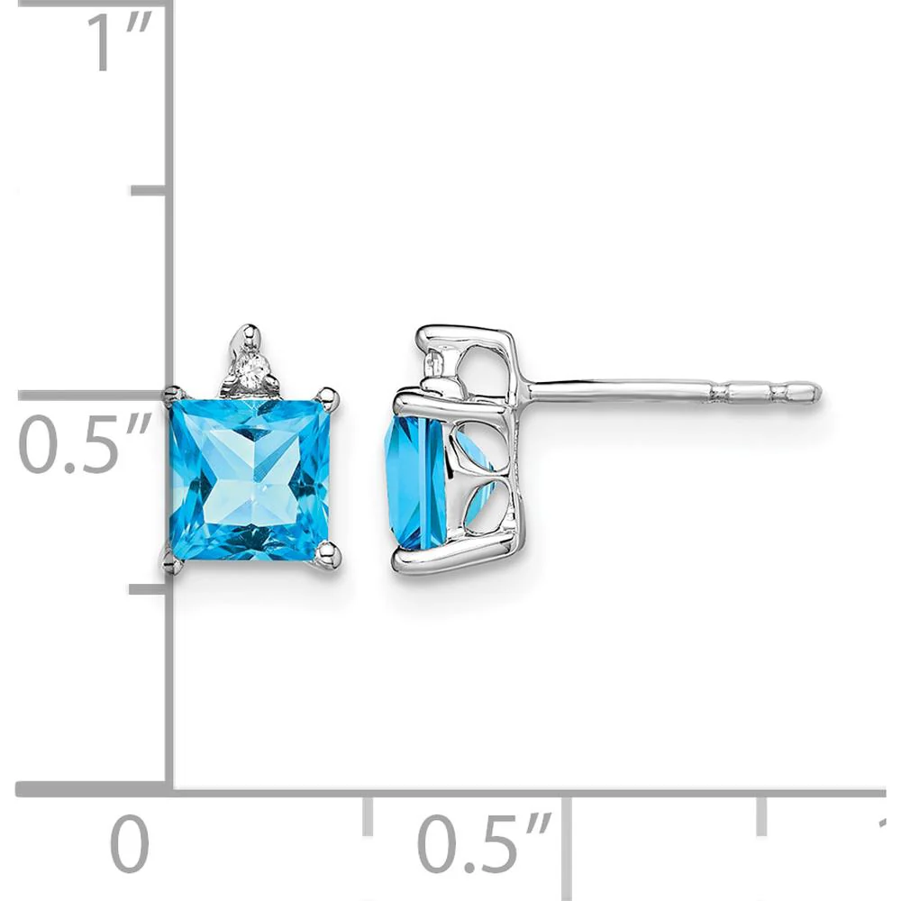 14K White Gold Princess Blue Topaz and Diamond Stud Earrings - 0.75 Carat Blue Topaz, 0.007 Carat Diamonds by Monteluci Fine Jewelry - Image 4