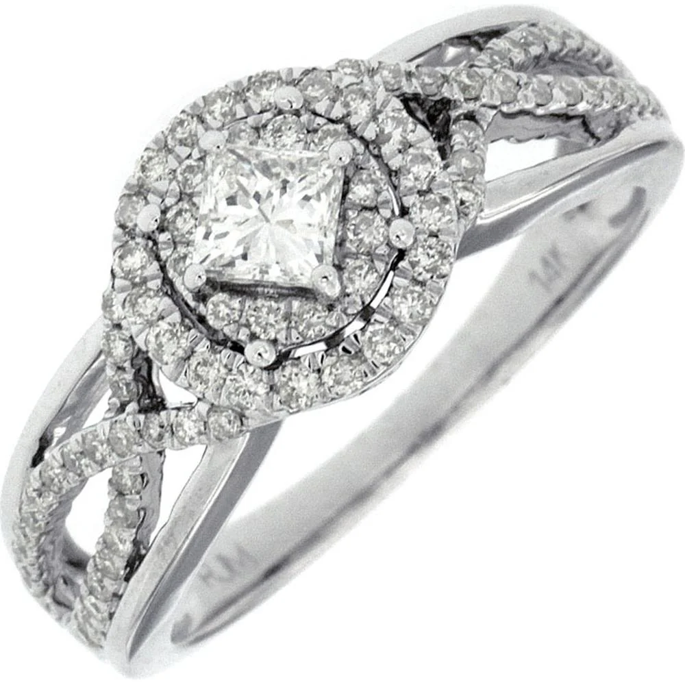 14K White Gold Princess Cut Diamond Engagement Ring with Pave Halo - 0.64 Carats Total Diamond Weight - Royal Jewelry