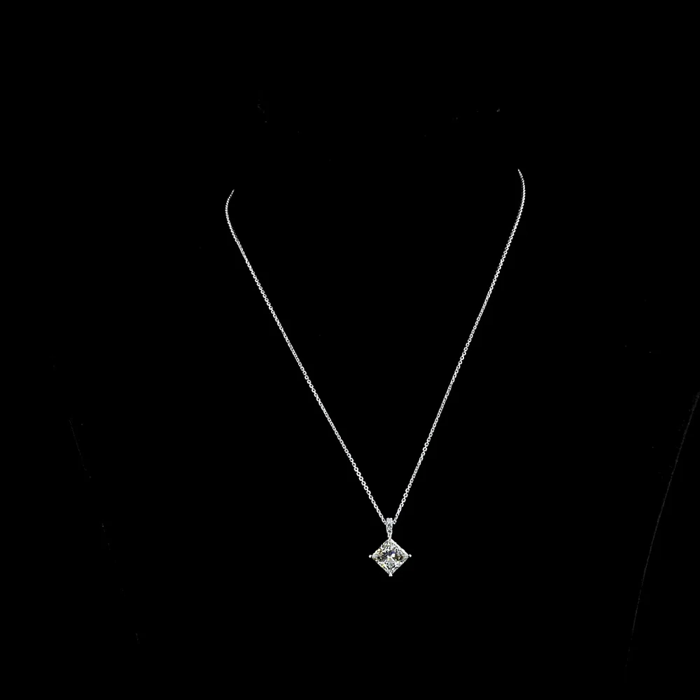 14K White Gold Princess Cut Diamond Pendant with Brilliant Cut Accent Stones - 3.39 Carat Total Weight (IGI Certified Lab Diamonds) - Covaloro Fine Jewelry