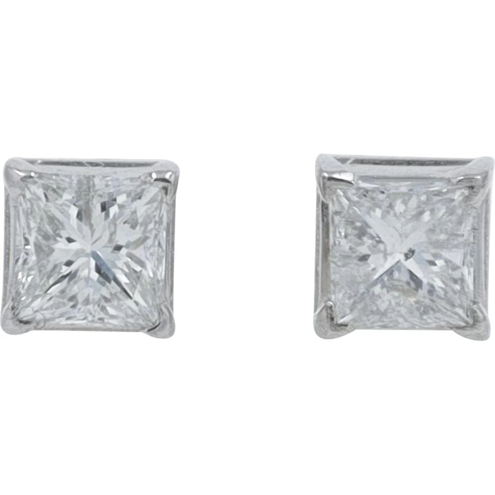 14K White Gold Princess Cut Diamond Stud Earrings - 0.72 Carat Total Diamond Weight