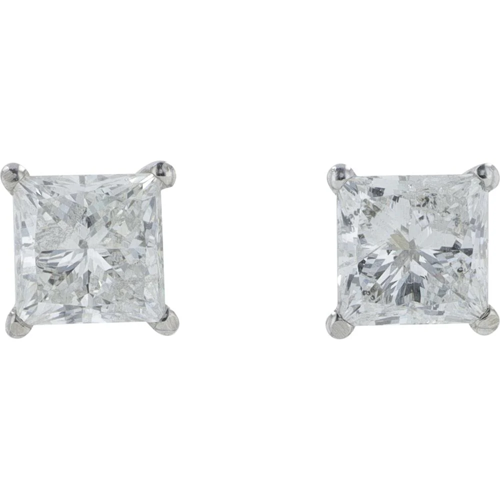 14K White Gold Princess Cut Diamond Stud Earrings - 1.47 Carat Total Diamond Weight