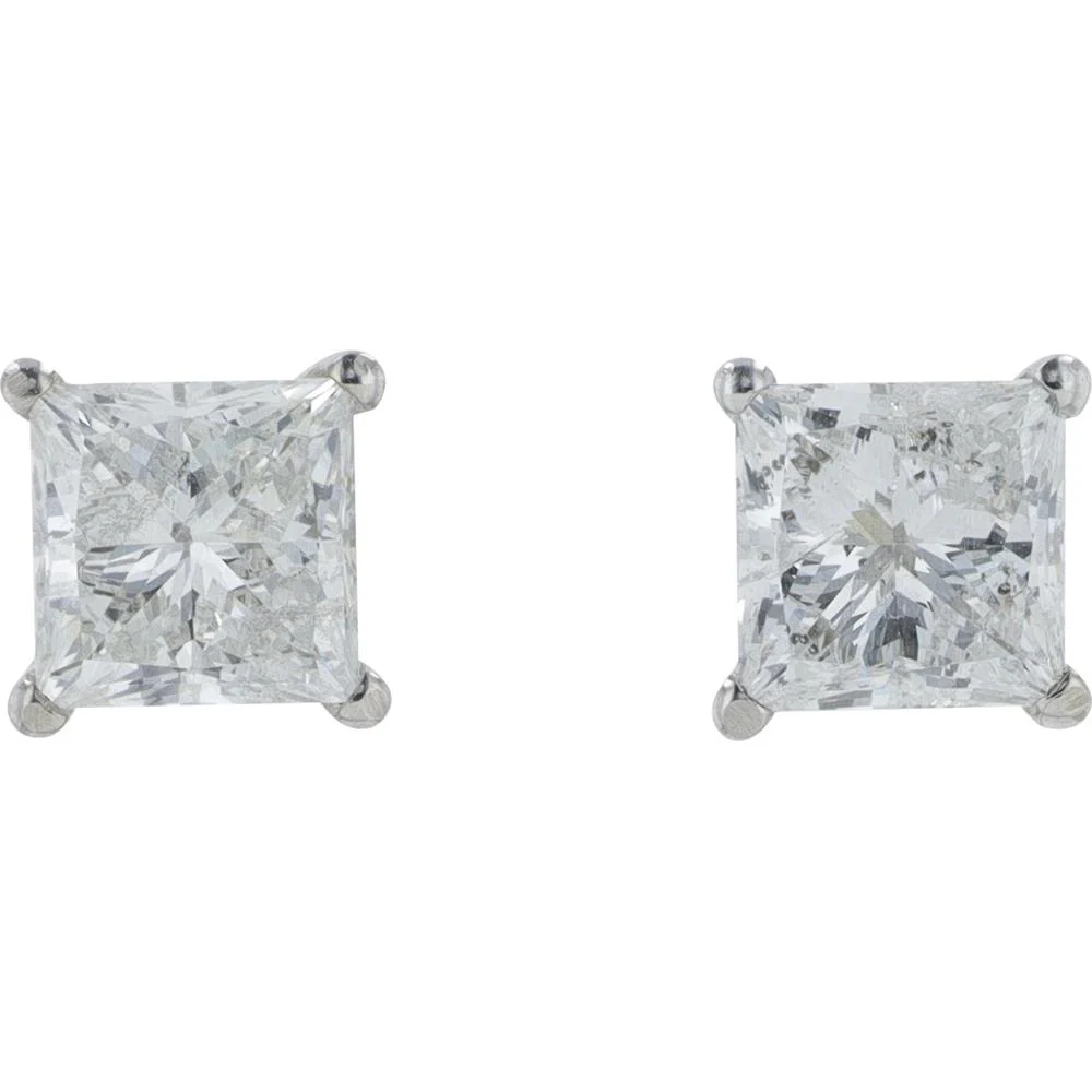14K White Gold Princess Cut Diamond Stud Earrings - 2.14 Carat Total Diamond Weight