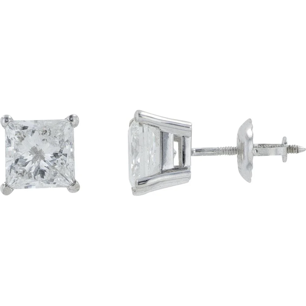 14K White Gold Princess Cut Diamond Stud Earrings - 2.14 Carat Total Diamond Weight - Image 2