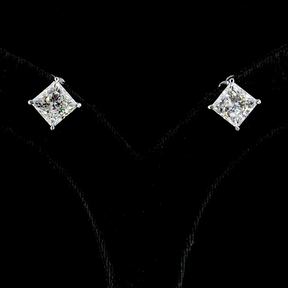 14K White Gold Princess Cut Lab Diamond Stud Earrings - 6.15 Carat Total Weight, F Color VS1 Clarity - Covaloro Fine Jewelry