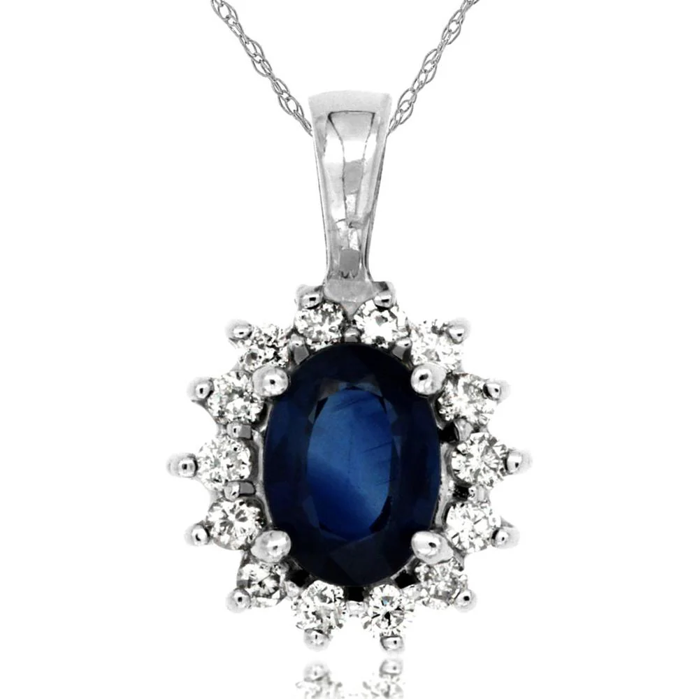 14K White Gold Princess Di Pendant with Oval Sapphire and Round Diamond Halo - 1.00 Carat Sapphire & 0.30 Carat Total Diamond Weight - Royal Jewelry