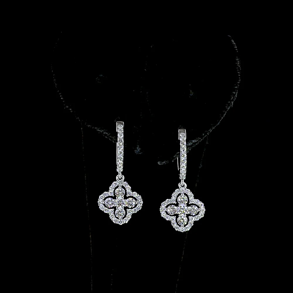14K White Gold Quatrefoil Drop Earrings with 1.07 Carats Total Lab Diamonds - Round Brilliant Cut, Hinged Hoop Backs, E-F VS2 Clarity - Covaloro Fine Jewelry