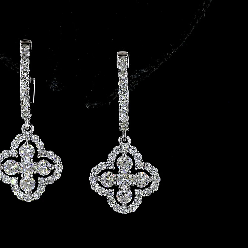 14K White Gold Quatrefoil Drop Earrings with 1.07 Carats Total Lab Diamonds - Round Brilliant Cut, Hinged Hoop Backs, E-F VS2 Clarity - Covaloro Fine Jewelry - Image 2