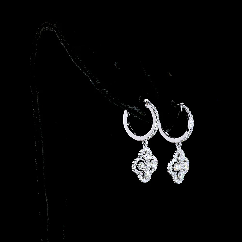 14K White Gold Quatrefoil Drop Earrings with 1.07 Carats Total Lab Diamonds - Round Brilliant Cut, Hinged Hoop Backs, E-F VS2 Clarity - Covaloro Fine Jewelry - Image 3