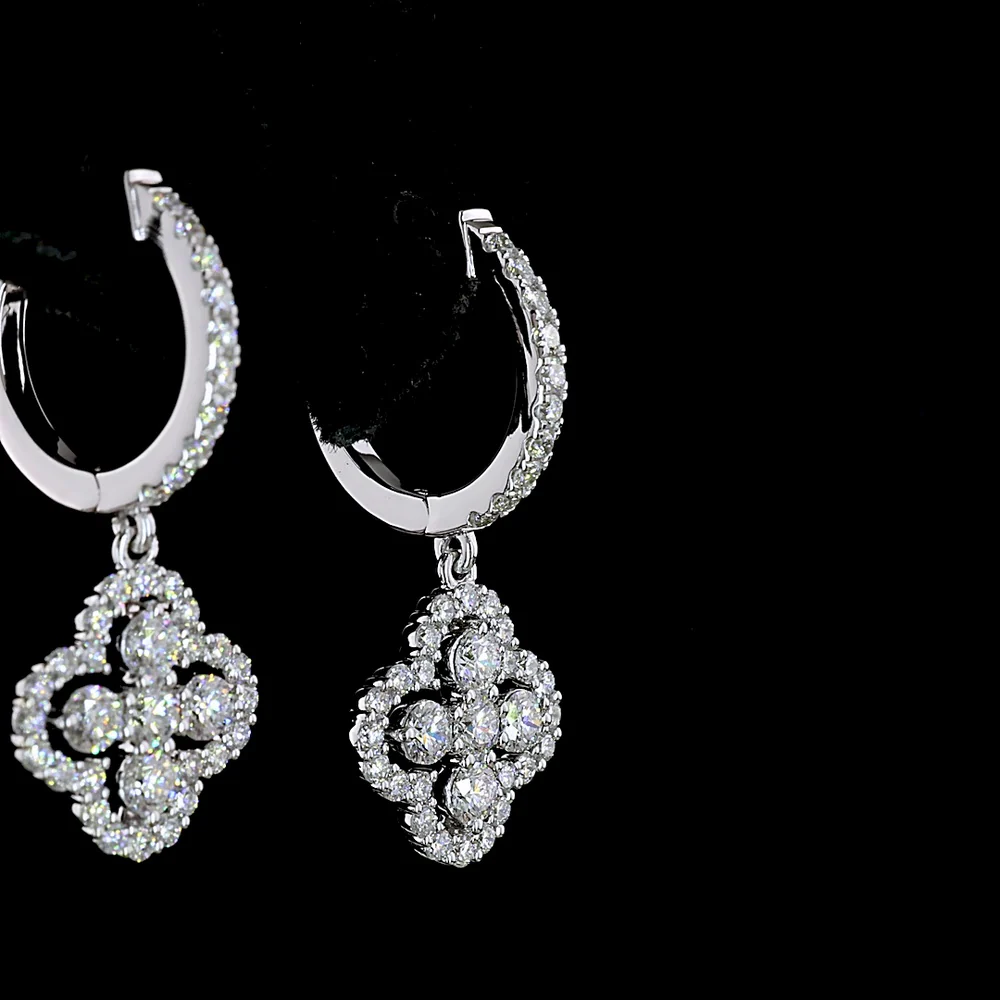 14K White Gold Quatrefoil Drop Earrings with 1.07 Carats Total Lab Diamonds - Round Brilliant Cut, Hinged Hoop Backs, E-F VS2 Clarity - Covaloro Fine Jewelry - Image 4