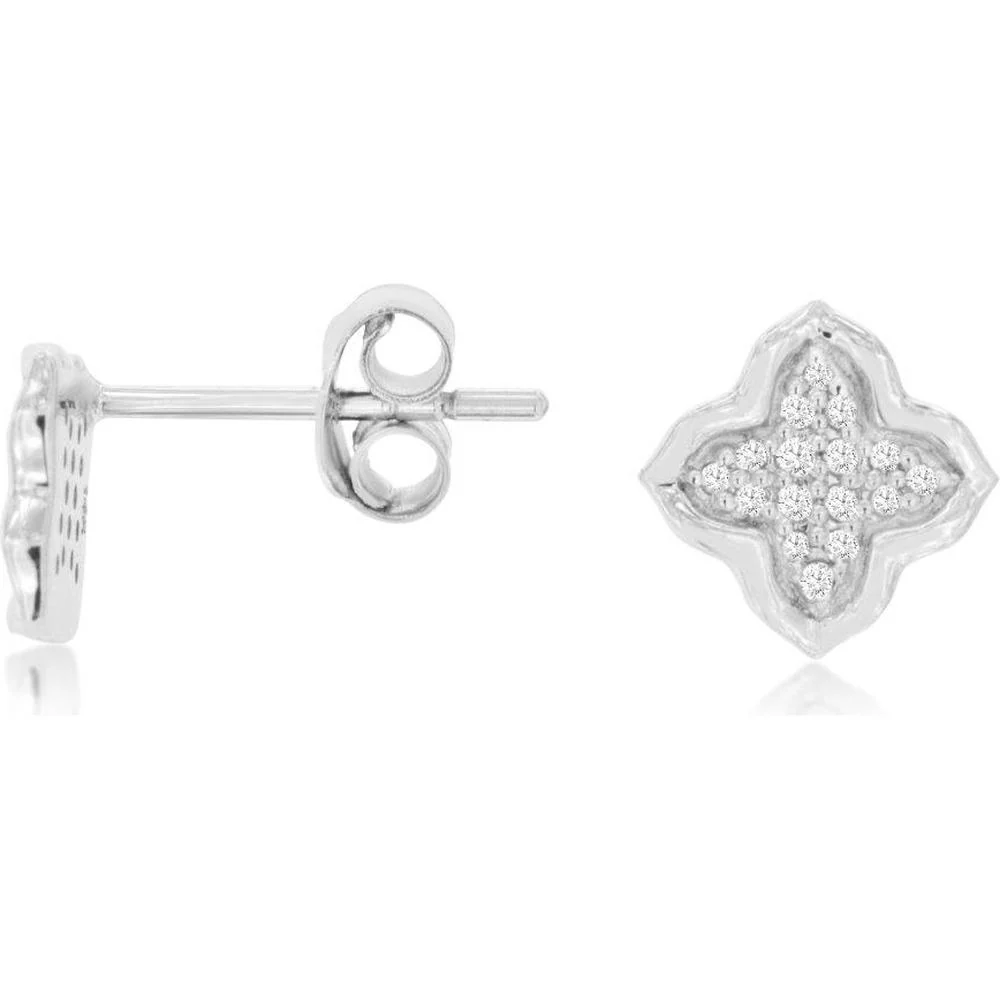 14K White Gold Quatrefoil Stud Earrings with Round Diamonds - 0.10 Carat Total Diamond Weight - Royal Jewelry
