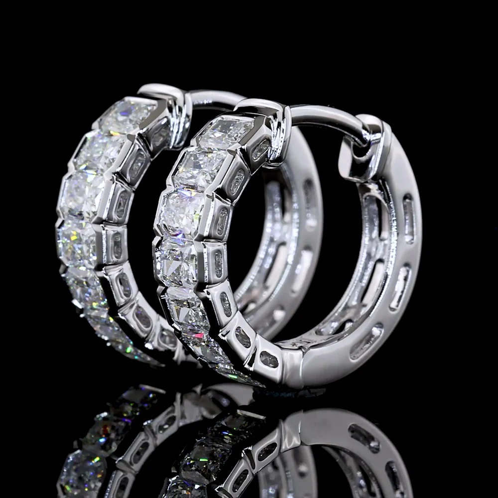 14K White Gold Radiant Cut Diamond Huggie Earrings with Half Bezel Setting - 0.98 Carat Total Diamond Weight (E-F Color, VS+ Clarity) - Covaloro Fine Jewelry - Image 3