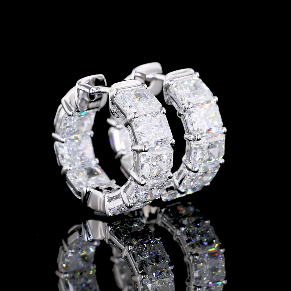 14K White Gold Radiant Cut Diamond Huggie Earrings with Prong Setting - 5.03 Carats Total Carat Weight (16 Lab Diamonds, D VVS2) - Covaloro Fine Jewelry