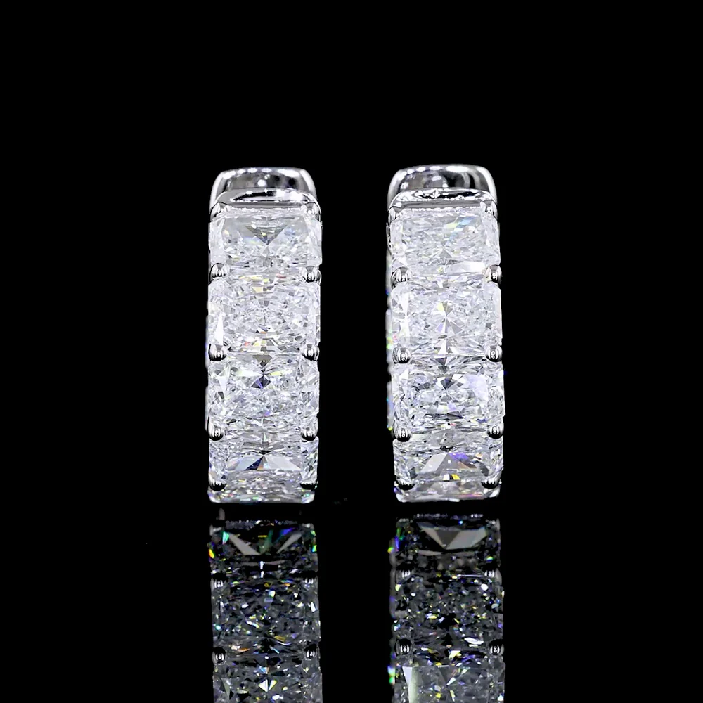14K White Gold Radiant Cut Diamond Huggie Earrings with Prong Setting - 5.03 Carats Total Carat Weight (16 Lab Diamonds, D VVS2) - Covaloro Fine Jewelry - Image 2