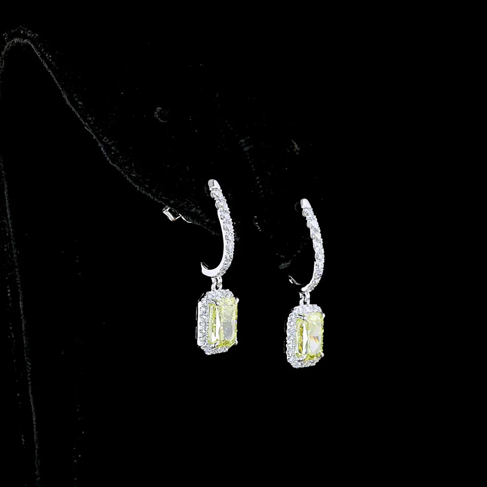 14K White Gold Radiant Cut Fancy Intense Yellow Lab Diamond Drop Earrings with Halo Setting - 2.68 Carat Total Diamond Weight - Covaloro Fine Jewelry