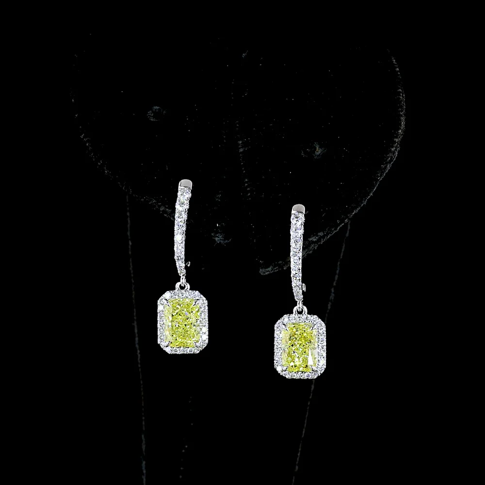 14K White Gold Radiant Cut Fancy Intense Yellow Lab Diamond Drop Earrings with Halo Setting - 2.68 Carat Total Diamond Weight - Covaloro Fine Jewelry - Image 2