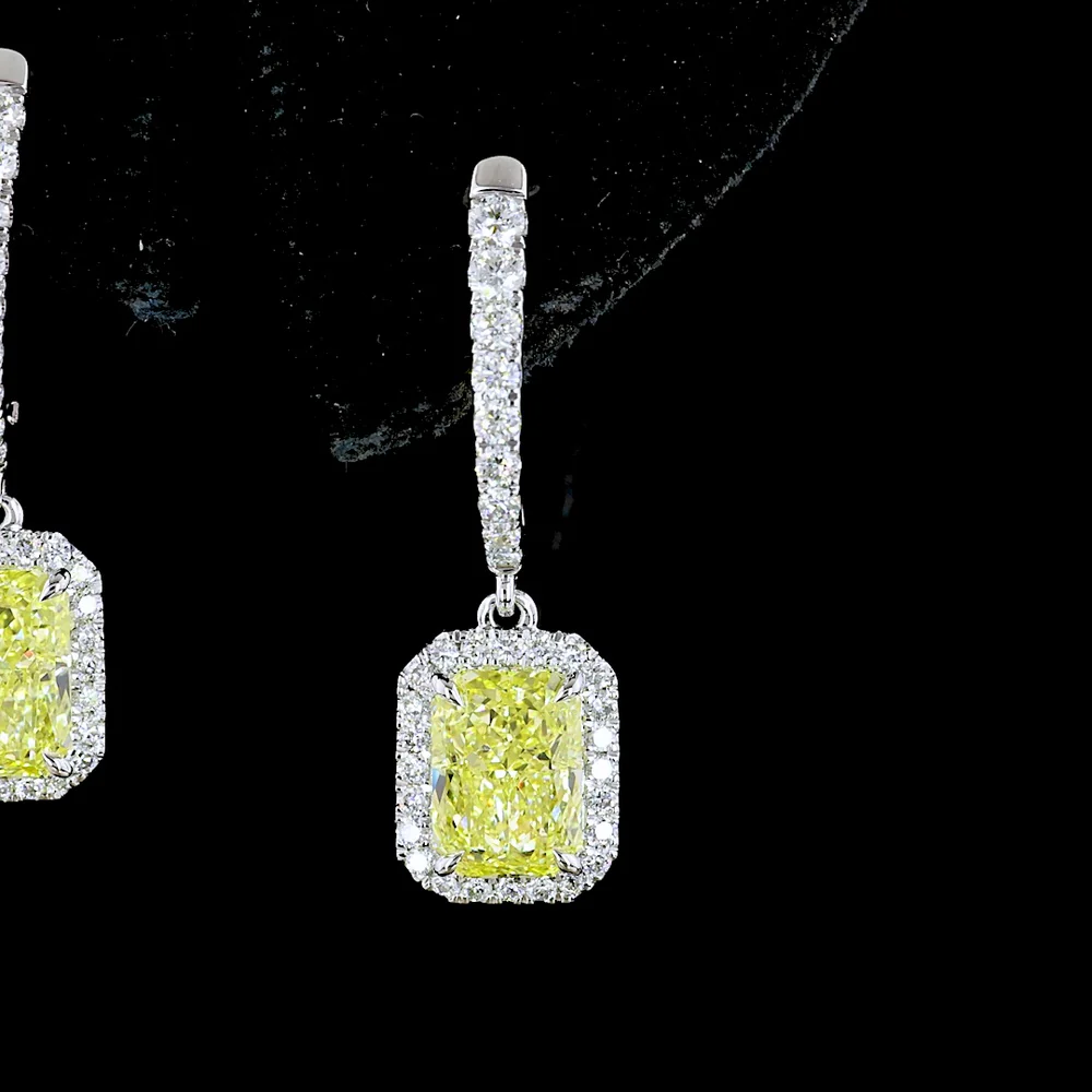 14K White Gold Radiant Cut Fancy Intense Yellow Lab Diamond Drop Earrings with Halo Setting - 2.68 Carat Total Diamond Weight - Covaloro Fine Jewelry - Image 3