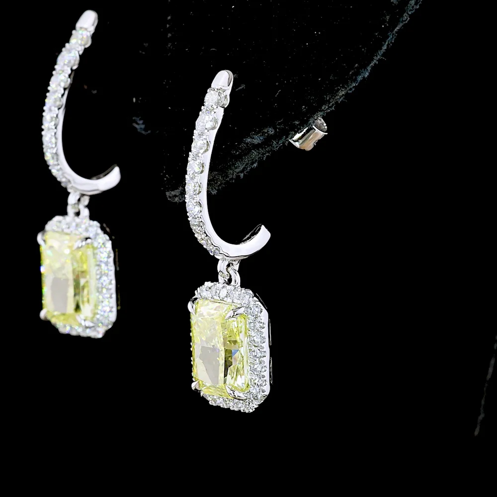 14K White Gold Radiant Cut Fancy Intense Yellow Lab Diamond Drop Earrings with Halo Setting - 2.68 Carat Total Diamond Weight - Covaloro Fine Jewelry - Image 4
