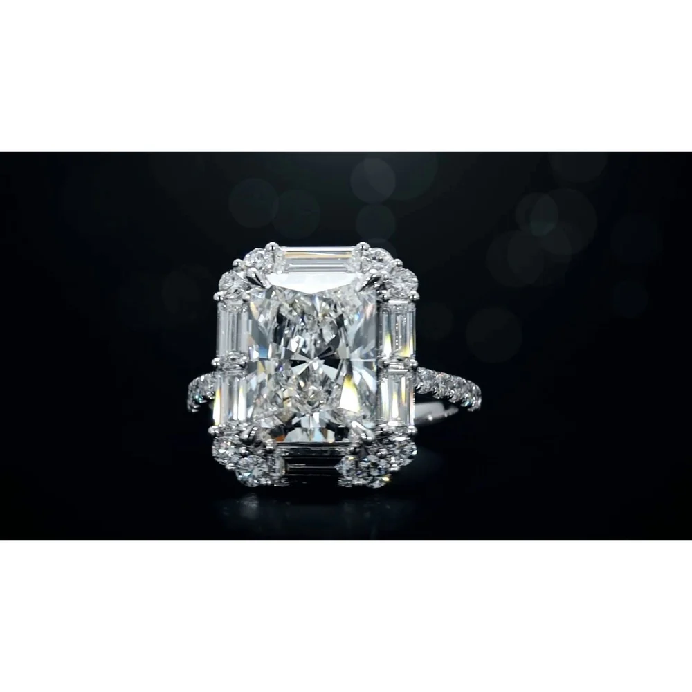 14K White Gold Radiant Cut Halo Ring with Baguette and Round Lab Diamonds - 5.57 Carat Total Weight - Covaloro Fine Jewelry