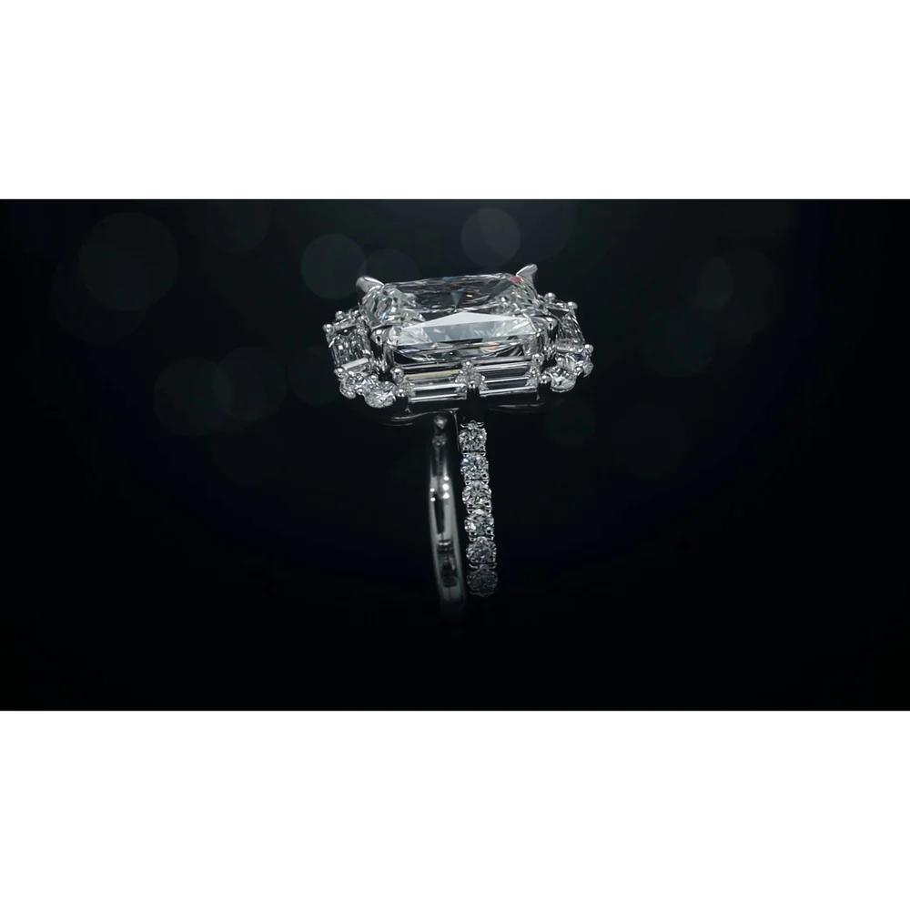 14K White Gold Radiant Cut Halo Ring with Baguette and Round Lab Diamonds - 5.57 Carat Total Weight - Covaloro Fine Jewelry - Image 2