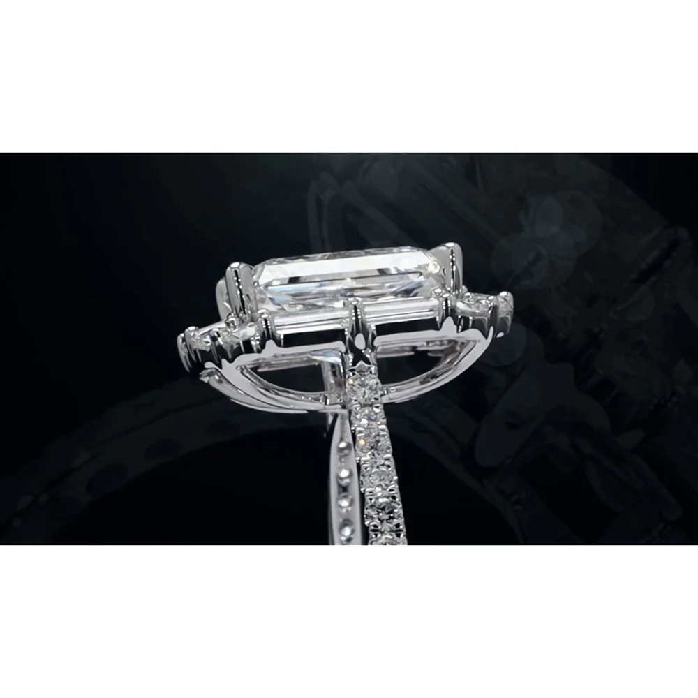14K White Gold Radiant Cut Halo Ring with Baguette and Round Lab Diamonds - 5.57 Carat Total Weight - Covaloro Fine Jewelry - Image 3