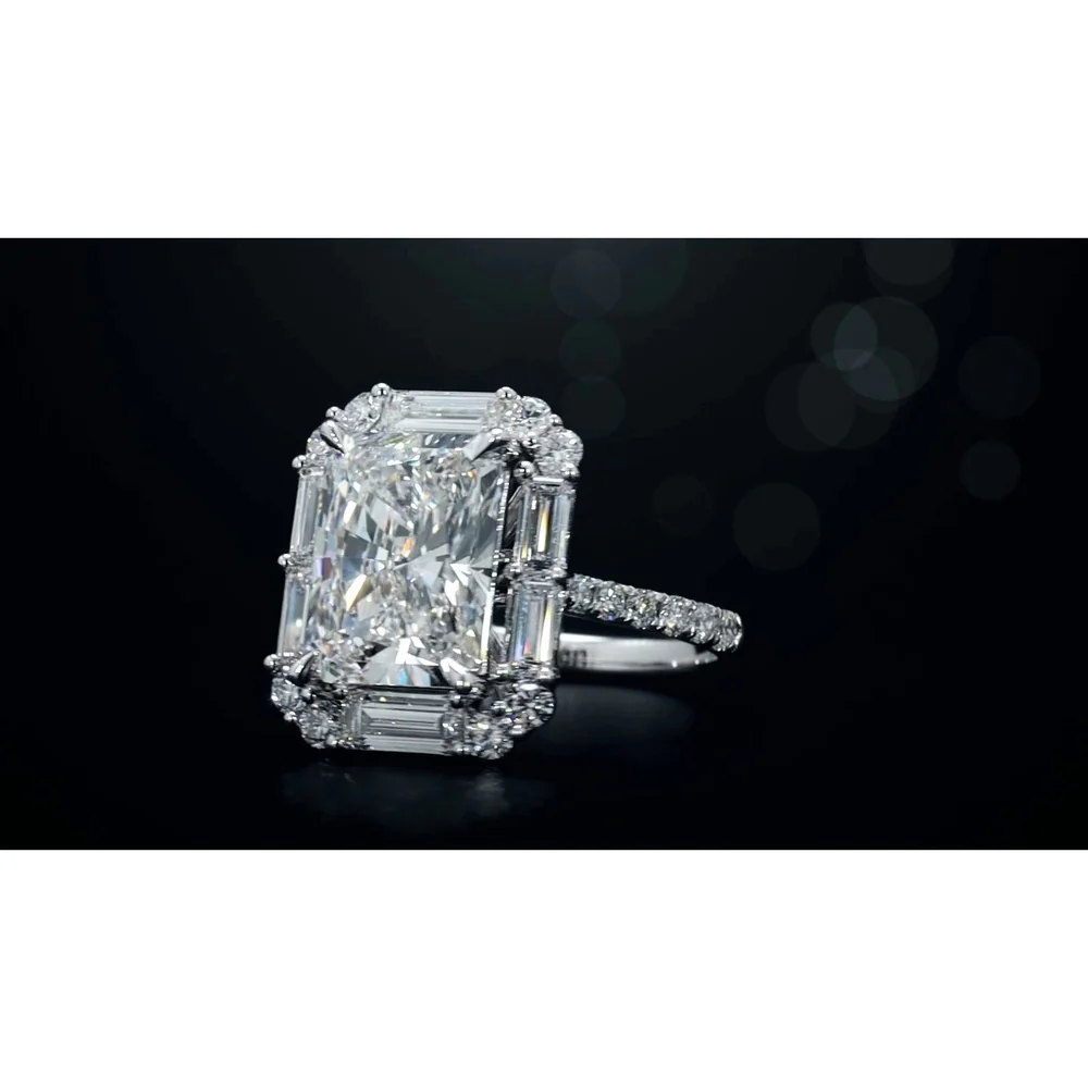 14K White Gold Radiant Cut Halo Ring with Baguette and Round Lab Diamonds - 5.57 Carat Total Weight - Covaloro Fine Jewelry - Image 4