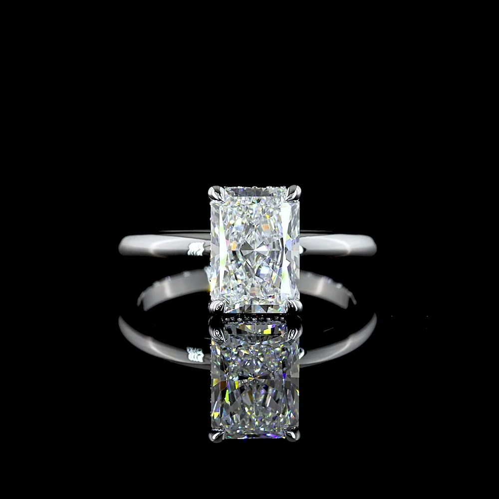 14K White Gold Radiant Cut Hidden Halo Ring with E VVS1 Lab Grown Center and Brilliant Cut Diamond Accents - 2.18 Carat Total Diamond Weight - Covaloro Fine Jewelry