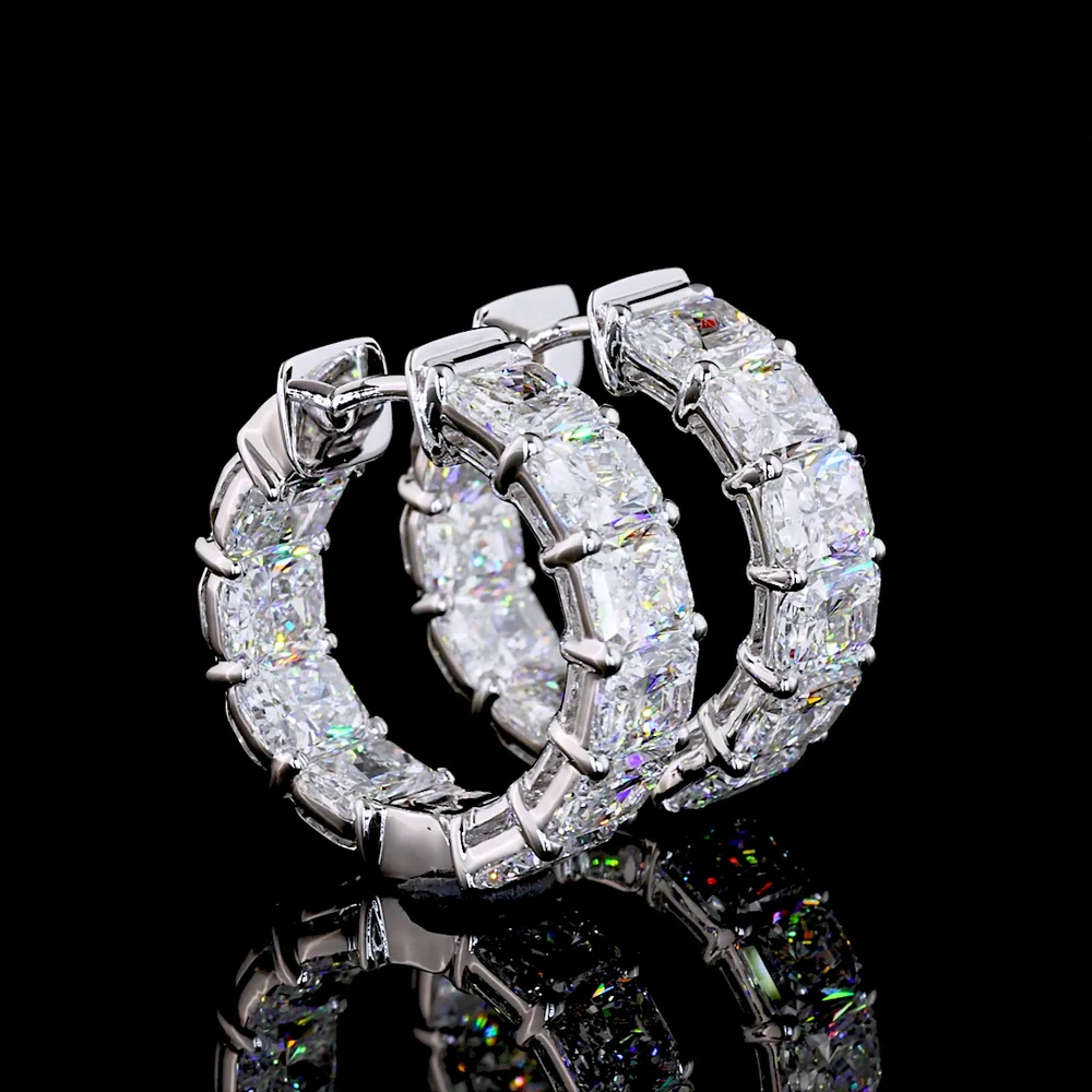 14K White Gold Radiant Cut Huggie Earrings with Lab Grown Diamonds - 2.80 Carat Total Weight, 20 Stones, E-F VS Clarity - Covaloro Fine Jewelry