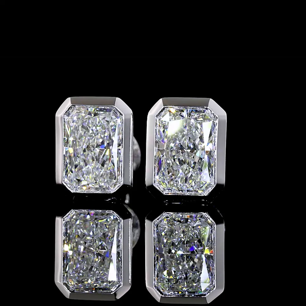 14K White Gold Radiant Cut Lab Diamond Bezel Set Stud Earrings - 2.05 Total Carat Weight, E VS1 Clarity - Covaloro Fine Jewelry