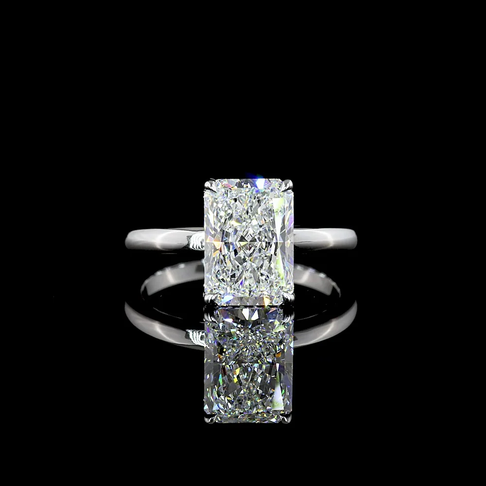 14K White Gold Radiant Cut Lab Diamond Hidden Halo Engagement Ring - 3.26 Carat Total Diamond Weight, E VS1 Center - Covaloro Fine Jewelry