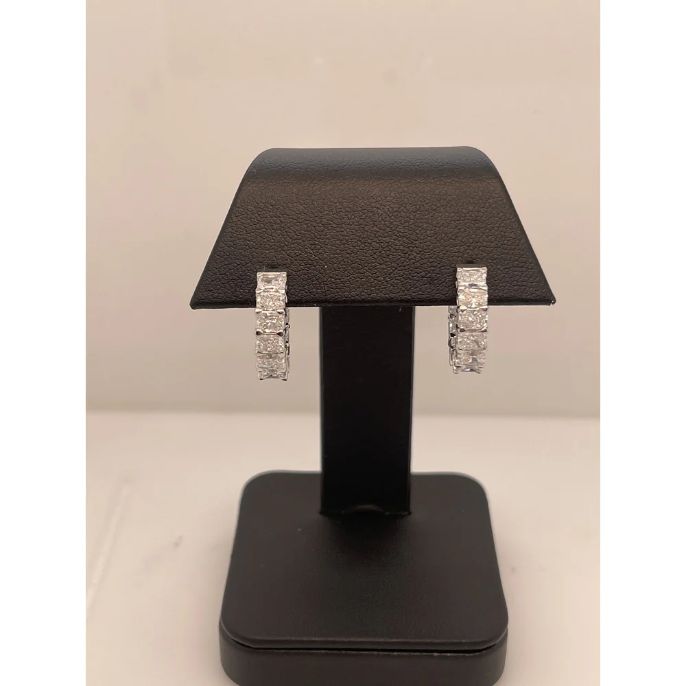14K White Gold Radiant Cut Lab Diamond Huggie Earrings - 6.36 Carat Total Weight, E-F Color VS2 Clarity, Prong Set - Covaloro Fine Jewelry