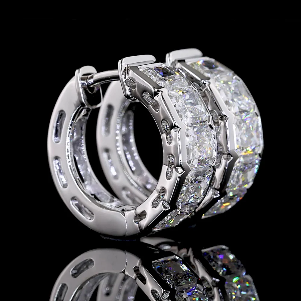 14K White Gold Radiant Cut Lab Diamond Huggie Earrings in Half Bezel Setting - 2.93 Carats Total Diamond Weight - Covaloro Fine Jewelry
