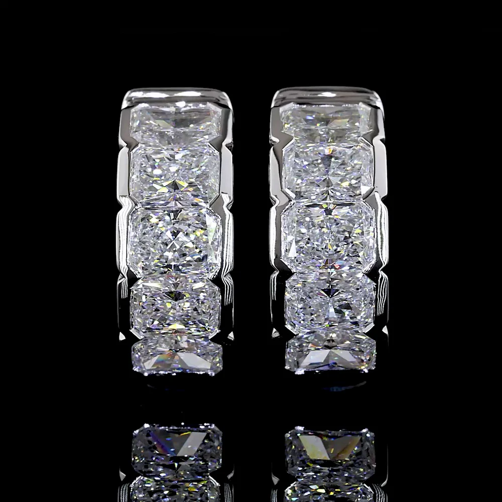 14K White Gold Radiant Cut Lab Diamond Huggie Earrings in Half Bezel Setting - 2.93 Carats Total Diamond Weight - Covaloro Fine Jewelry - Image 2