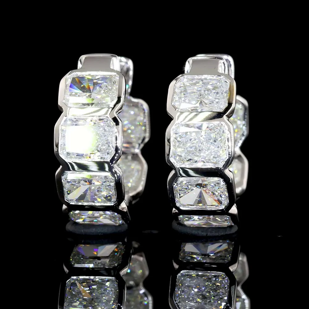 14K White Gold Radiant Cut Lab Diamond Huggie Earrings with Bezel Setting - 3.95 Carat Total Weight (E-F Color, VS2 Clarity) - Covaloro Fine Jewelry