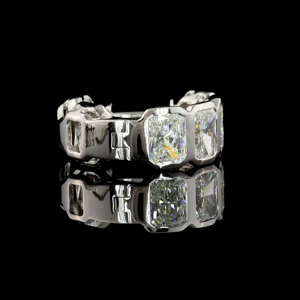 14K White Gold Radiant Cut Lab Diamond Huggie Earrings with Bezel Setting - 3.95 Carat Total Weight (E-F Color, VS2 Clarity) - Covaloro Fine Jewelry - Image 2