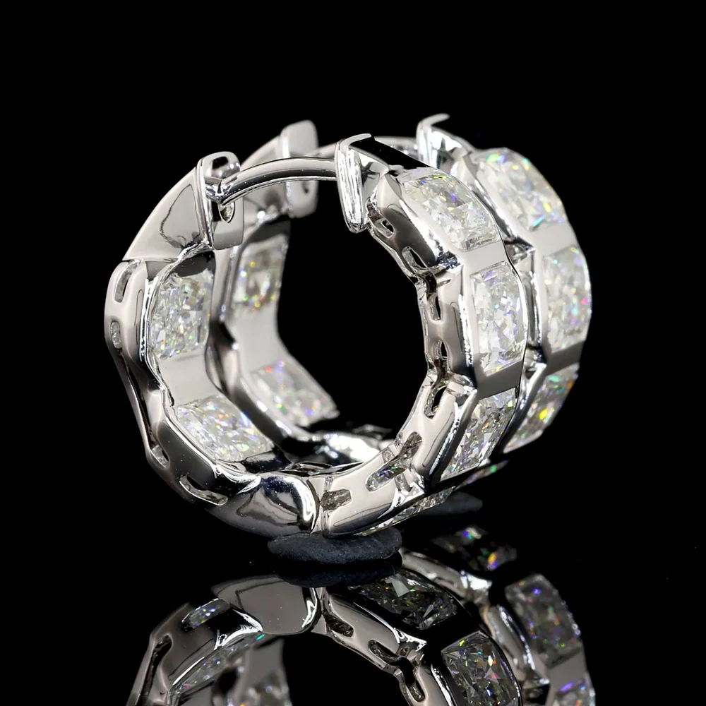 14K White Gold Radiant Cut Lab Diamond Huggie Earrings with Bezel Setting - 3.95 Carat Total Weight (E-F Color, VS2 Clarity) - Covaloro Fine Jewelry - Image 4