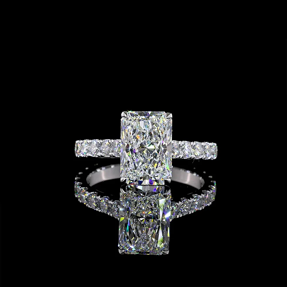 14K White Gold Radiant Cut Lab Diamond Solitaire Shank Ring featuring E VVS2 3.11 Carats Center Diamond and 0.94 Carats Round Brilliant Side Stones - 4.05 Carats Total Diamond Weight - Covaloro Fine Jewelry
