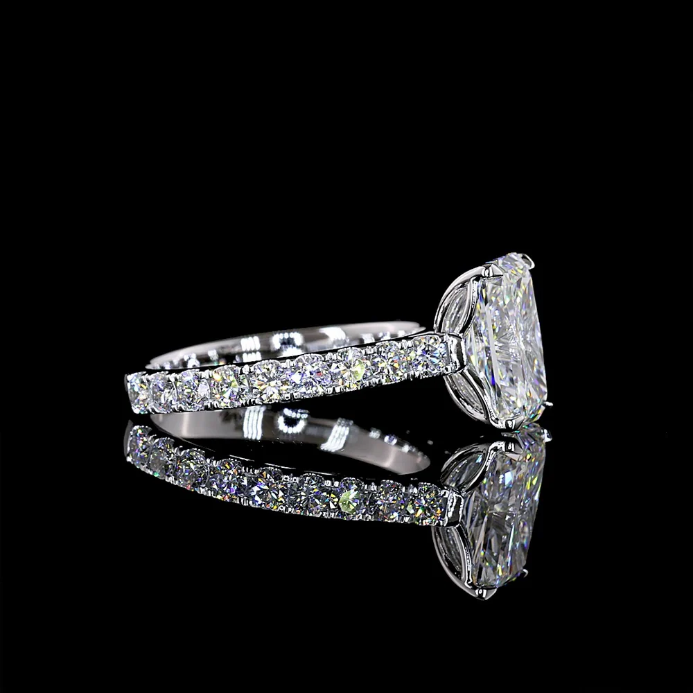14K White Gold Radiant Cut Lab Diamond Solitaire Shank Ring featuring E VVS2 3.11 Carats Center Diamond and 0.94 Carats Round Brilliant Side Stones - 4.05 Carats Total Diamond Weight - Covaloro Fine Jewelry - Image 2